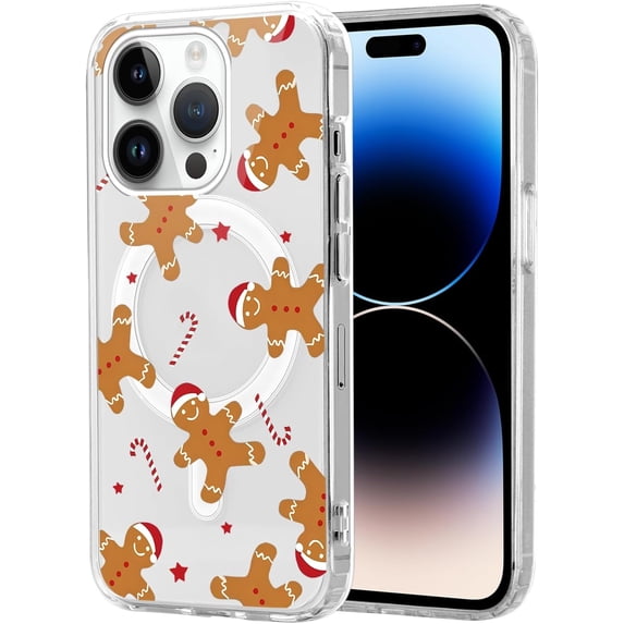Christmas Transparent Magnetic Case for iPhone 14 Pro 6.1", Built-in Magnets Compatible with MagSafe, Aesthetics Pattern PC+TPU Protective Shockproof Bumper Girls Cover, Gingerbread