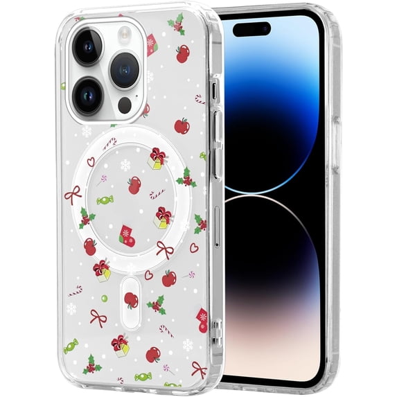 Christmas Transparent Magnetic Case for iPhone 14 Pro Max 6.7", Built-in Magnets Compatible with MagSafe, Aesthetics Pattern PC+TPU Protective Shockproof Bumper Girls Cover, Tree A