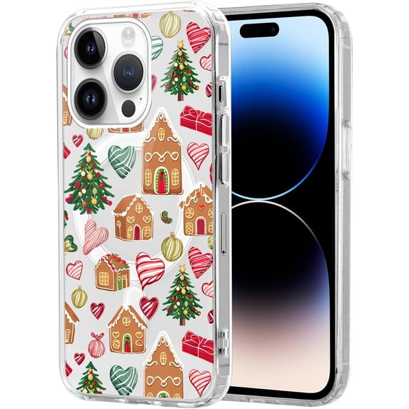 Christmas Transparent Magnetic Case for iPhone 15 Plus 6.7", Built-in Magnets Compatible with MagSafe, Aesthetics Pattern PC+TPU Protective Shockproof Bumper Girls Cover, Gift