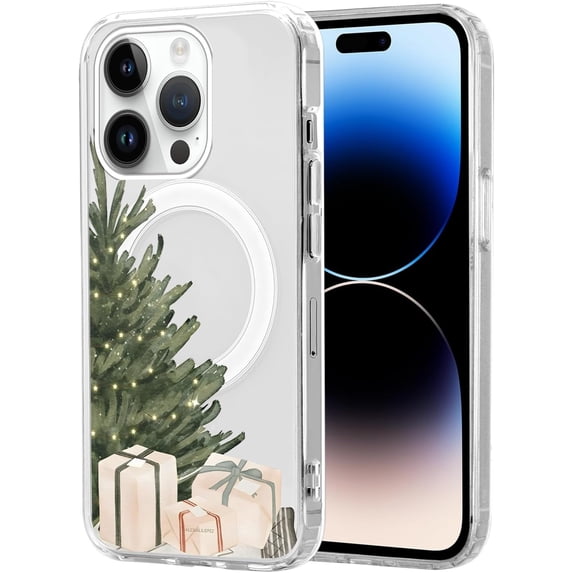 Christmas Transparent Magnetic Case for iPhone 15 Pro Max 6.7", Built-in Magnets Compatible with MagSafe, Aesthetics Pattern PC+TPU Protective Shockproof Bumper Girls Cover, Tree