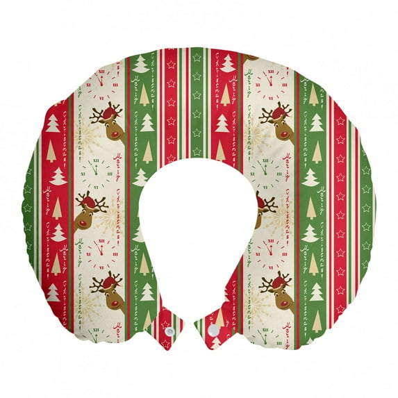 Christmas Travel Pillow Neck Rest, Chinese Style Lettering Merry Christmas Deer Pines Stars Border Lines, Memory Foam Traveling Accessory Airplane and Car, 12", Green Dark Coral White, by Ambesonne