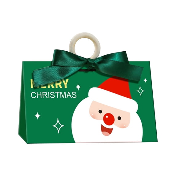 Christmas Treat Bags, 6.69X3.94X3.34" Santa Printed Paper Gift Bags with Wooden Handle, Christmas Candy Holders, Bow Decor Holiday Goodie Bags, Christmas Cookie Containers, Xmas Party Favor Pouches