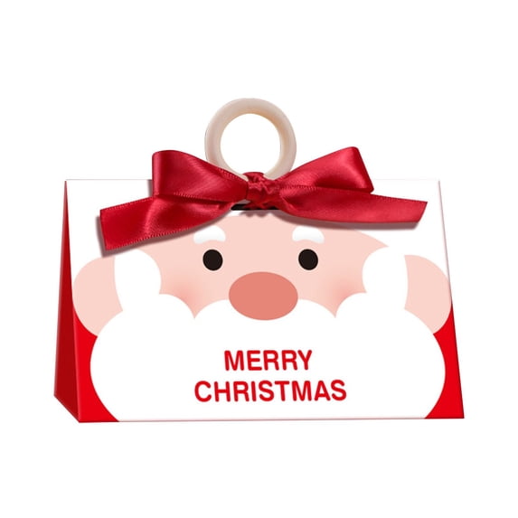 Christmas Treat Bags, 6.69X3.94X3.34" Santa Printed Paper Gift Bags with Wooden Handle, Christmas Candy Holders, Bow Decor Holiday Goodie Bags, Christmas Cookie Containers, Xmas Party Favor Pouches