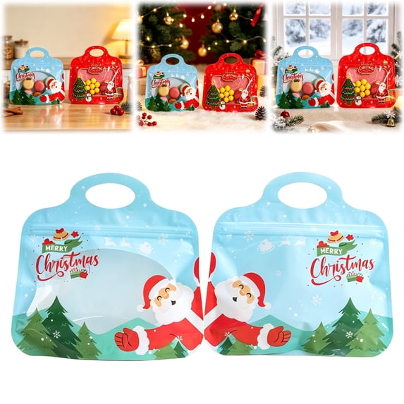 Christmas Treat Bags, 8.26X7.87" Self Sealing Candy Pouches with Handle, Festive Xmas Goodie Sacks, Holiday Snack Packing Bags, Santa Pattern Gift Pouches with Clear Window, Christmas Decoration