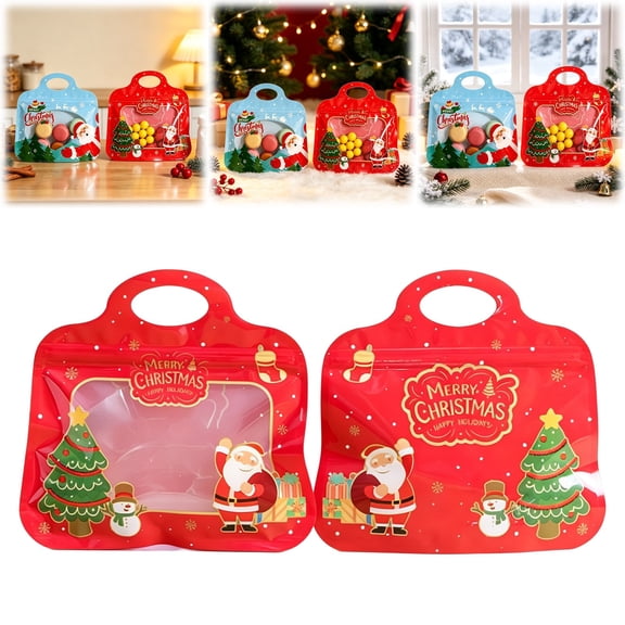 Christmas Zipper Bags, 8.26X7.87" Christmas Treat Bags with Handle, Plastic Candy Storage Pouches with Clear Window, Cookie Packaging Bags, Self Sealing Gift Bags, Xmas Goody Bags for Party Favors