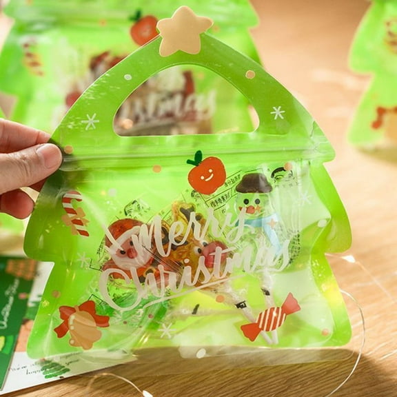 Christmas Treat Bags For Kids Clear Tree Shaped Ziplock Reusable Goodie Bag Xmas Sealable With Handle Candy, Cookie, Snack, Party Supplies 10 PCS, Special with Handles