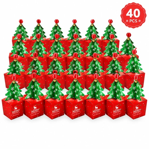 Christmas Treat Boxes 40 Pack, 3D Tree Holiday Gift Containers with Bells, Small Candy Packaging for Party Favors, Festive Xmas Ornaments