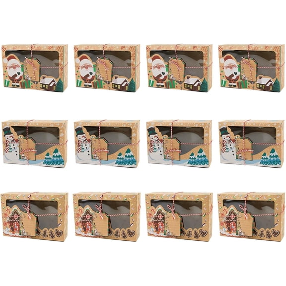 Christmas Treat Goodie Boxes, Cartoon Gingerbread Santa Cookie Gift Boxes with Clear Window, Kraft Paper Bakery Boxes with Tags and Twine for Holiday Party Family Snacks