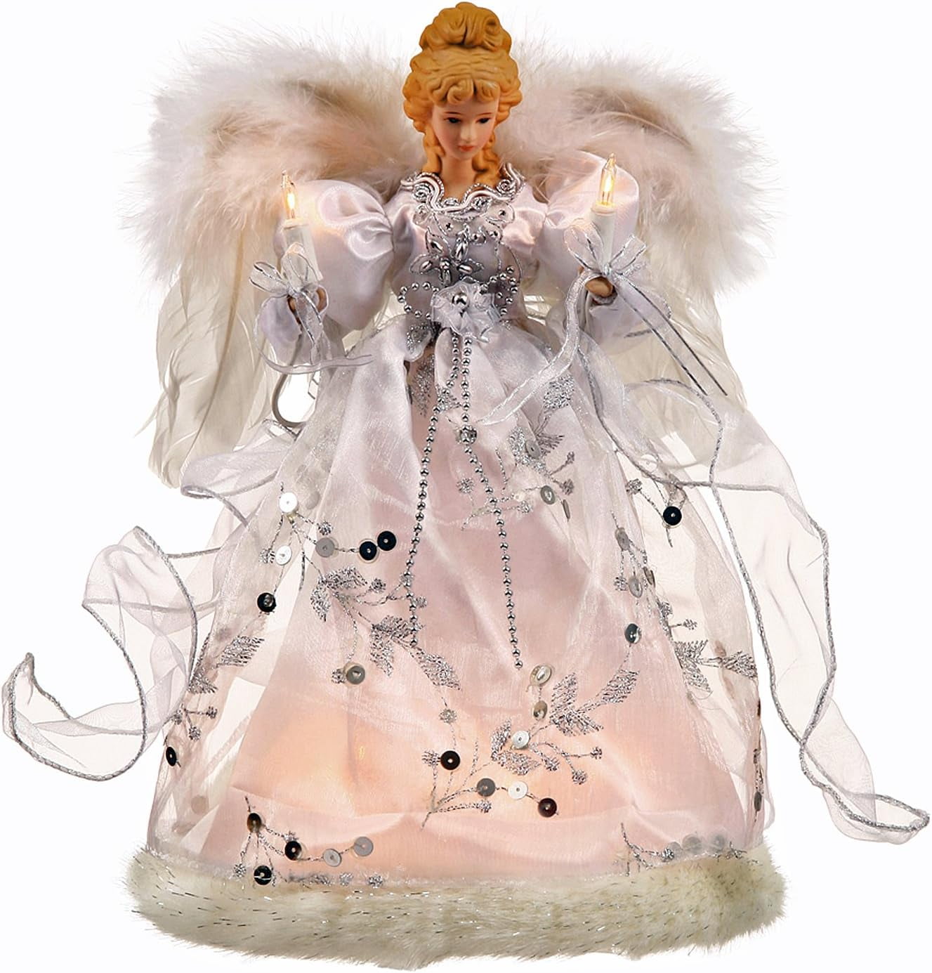 Christmas Tree 10 Light Angel Tree Topper Ivory & Silver 12" H