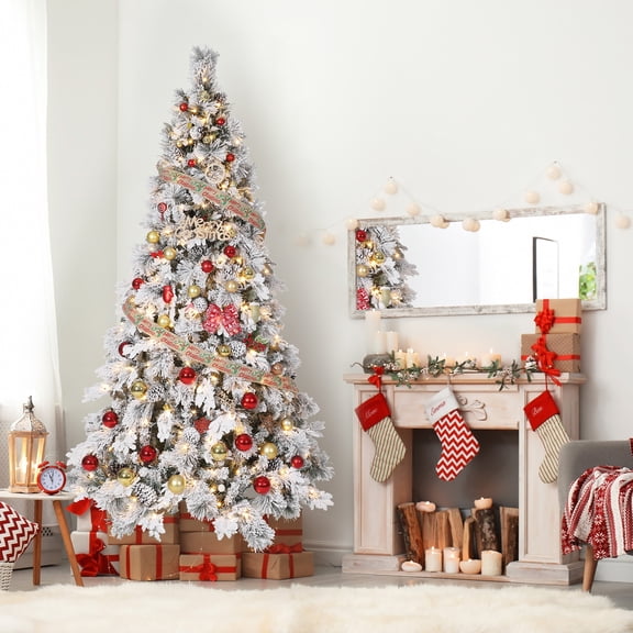 Christmas Tree with 130 LED Lights, Snow Flocked PVC Pre-Lit Xmas Tree with Metal Stand & Pine Cones, 356 Branch Tips Holiday Decor for Home, Office, Apartment