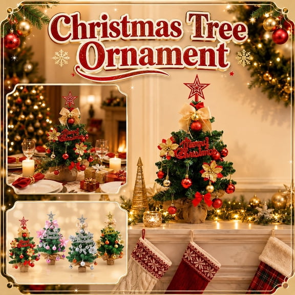 Christmas Tree, 18.9" Mini Artificial Christmas Tree Tabletop Ornament with Star Topper, Merry Christmas Sign, Bow Knots and Hanging Balls for Holiday Decor, Festive Mantel Centerpiece, 1Pack Silver