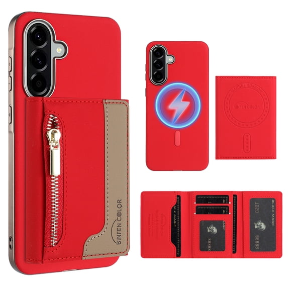 Dteck Magnetic Case for Samsung Galaxy A06 5G, 2 in 1 Wallet Case Detachable Card Holder, Compatible with MagSafe, Slim PU Leather RFID Blocking Credit Slots Zipper Pocket,Red