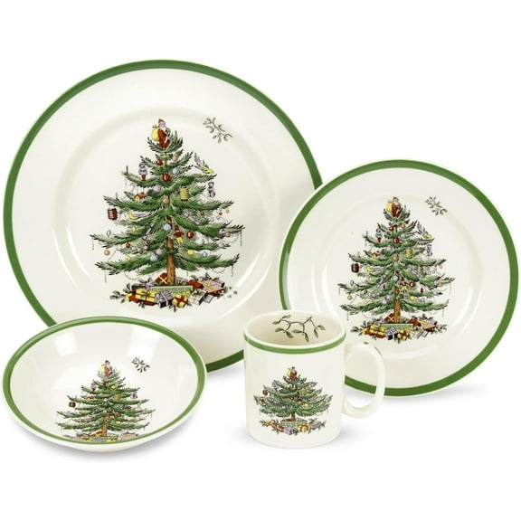 Christmas Tree 4-Piece Dinnerware Setting - Fine Earthenware Holiday Tableware - Dishwasher & Microwave Safe, Festive Christmas Plates, Bowls, Mug - Holiday Dining Essentials