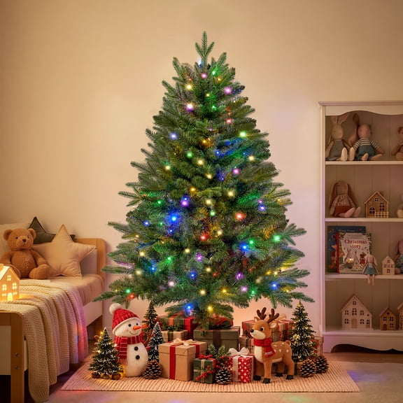 Christmas Tree, 4ft Pre-Lit Christmas Tree with 100 Warm White & Multicolor LED Lights, 465 PE & PVC Tips, Hinged Artificial Pine Tree for Small Spaces, Bedroom, Office, Entryway