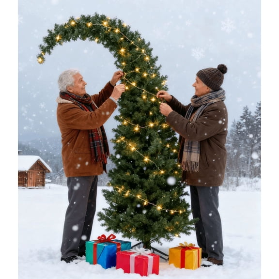 Christmas Tree 5 ft Prelit Bent Top Christmas Tree, Whimsical Xmas Tree Slim High Mountain Fir with 300 LEDs and Metal Stand,Flocked Christmas Tree