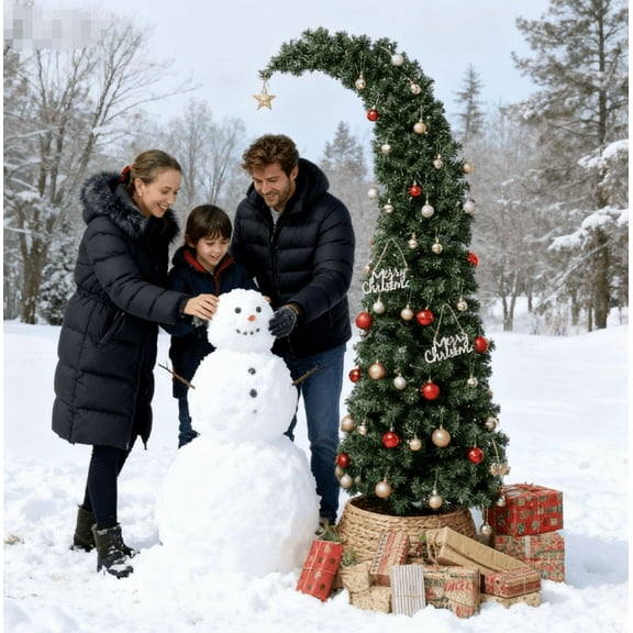 Christmas Tree 6 ft Prelit Bent Top Christmas Tree, Whimsical Xmas Tree Slim High Mountain Fir with 200 LEDs and Metal Stand,Flocked Christmas Tree