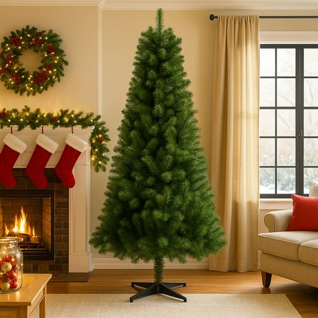 Christmas Tree, 6FT Artificial Slim Fir Xmas Tree with 4-Leg Plastic Stand, Green Holiday Decor Tree w/582 Branch Tips, Easy Hinged Setup