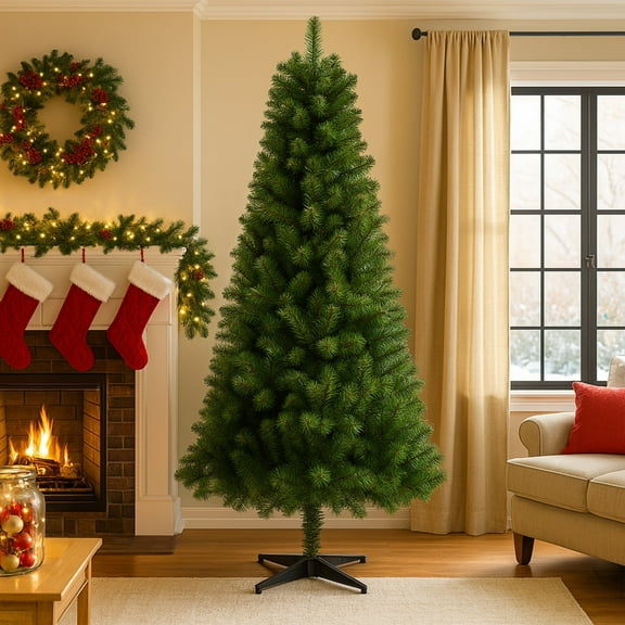 Christmas Tree, 6FT Artificial Slim Fir Xmas Tree with 4-Leg Plastic Stand, Green Holiday Decor Tree w/582 Branch Tips, Easy Hinged Setup