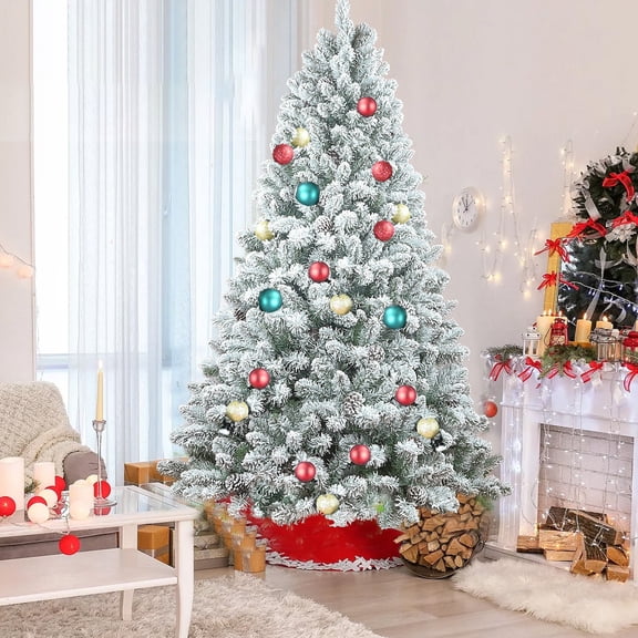 Christmas Tree 6FT Flocked Christmas Tree with Pine Cones – Snowy PVC Artificial Holiday Tree, 888 Tips, 36 Natural Pinecones, Sturdy Metal Stand, Full Shape for Seasonal Decoration,Flocked Christmas