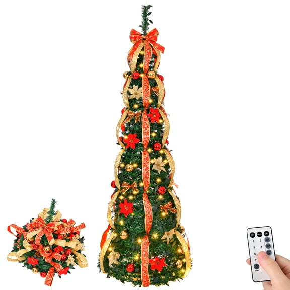 Christmas Tree 6FT, Pop up Pre Decorated Pre Lit Artificial Xmas Tree with 150 LED Lights, Large Bow & Ornaments, Lighted Christmas Tree for Holiday Party Decorations, Easy Installation