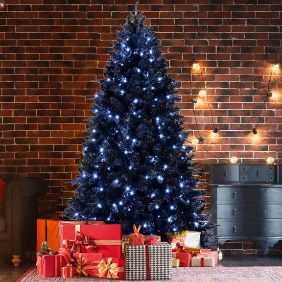Christmas Tree 6ft Black Christmas Tree with 350 White LED Lights, 1460 Tips PE+PVC Artificial Tree for Halloween & Holiday Decor, Hinged Structure with Stable Metal Stand,Flocked Christmas Tree