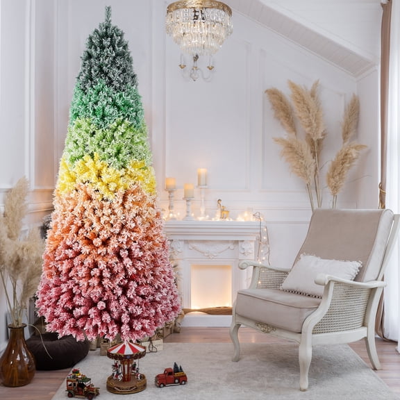 Christmas Tree 7.5ft Rainbow Gradient Flocked PVC Christmas Tree with 1927 Tips, Colorful Full-Bodied Artificial Pine with Snowy Finish, Hinged Design and Sturdy Metal Stand for Holiday Decoration,Fl