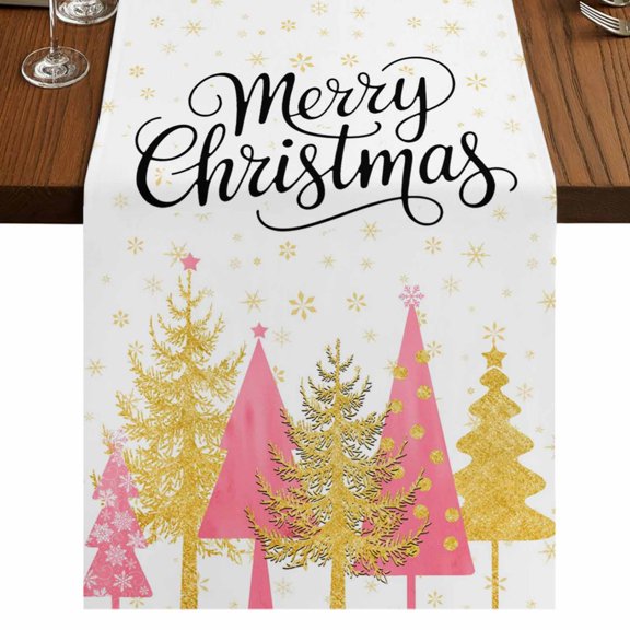Christmas Tree 70 Inch Table Runner, Winter Snowflake Xmas Pink Pine Tree Farmhouse Dresser Scarf Cotton & Linen Tablerunner for Dining/Kitchen Island/Holiday Party Décor 13" x 70"