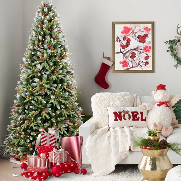 Christmas Tree 7FT Christmas Tree with 450 Warm White LED Lights – 2178 Snow-Tipped PE+PVC Branches, Red Berries & Pine Cones, Hinged Design, Stable Metal Stand – Realistic Holiday Decoration,Artific