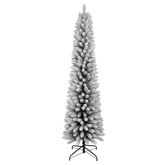 Christmas Tree 7FT Flocked Pencil Christmas Tree – Slim PVC Tree with 469 Snowy Tips, Space-Saving Design, Realistic Snow Effect, Sturdy Metal Stand, Easy Setup,Flocked Christmas Tree