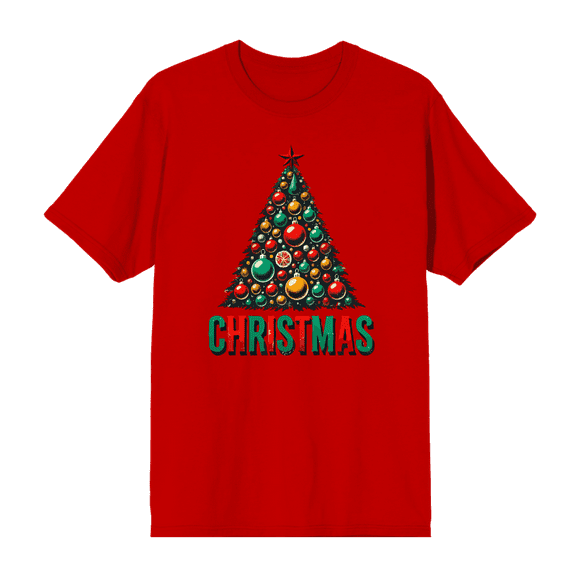 Christmas Tree Adult Red Crew Neck Short Sleeve Tee-Large