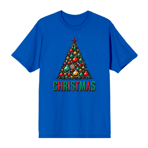 Christmas Tree Adult Royal Blue Crew Neck Short Sleeve Tee-Small