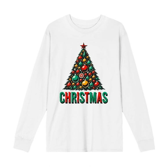 Christmas Tree Adult White Crew Neck Long Sleeve Shirt-Small