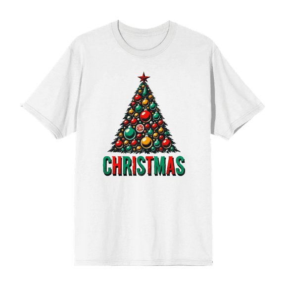 Christmas Tree Adult White Crew Neck Short Sleeve Tee-Large