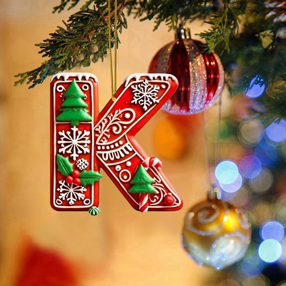 Christmas Tree Alphabet Ornaments with Candy Cane Letters and Berry Pattern, A to Z Mini Hanging Pendants for Xmas Tree Decor, DIY Craft Party Home Decoration,2D Acrylic Holiday Decorations