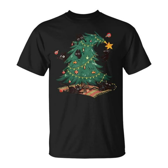 Christmas Tree And Cat Cute Holiday Cat Lover Pet Owner Graphic Unisex T-Shirt, for men & women, up to size 5XL