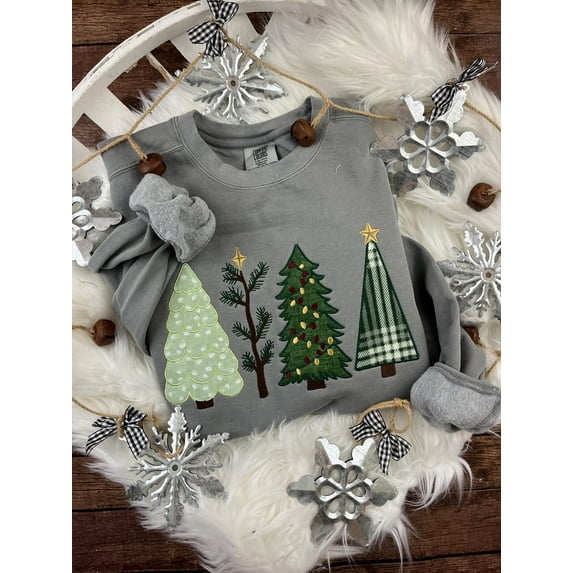 Christmas Tree Applique Cozy Sweatshirt or T-Shirt | 4 Festive Embroidered Tree Designs | Holiday Shirt | Comfort Colors Tee -Gift Idea