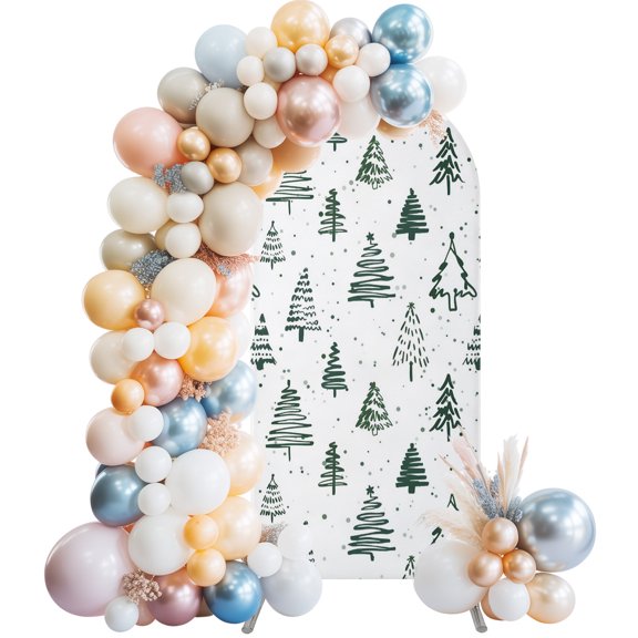 Christmas Tree Arch Backdrop Cover 6.6x3.3 Ft,Spandex Wedding Arch Stand Cover,Xmas Green Cartoon Tree Snowflakes Farmhouse Round Top Stretch Fitted Background Covers for Birthday Ceremony Party