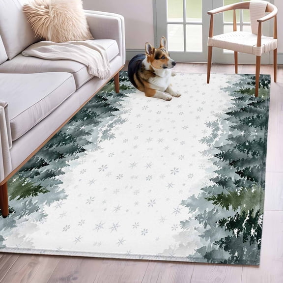 Christmas Tree Area Rug 4x6 Washable Rug Non Slip Winter Snowflakes Xmas Pine Tree Large Area Rug Indoor Floor Carpet for Entryway Bedroom Kitchen Living Room Home Office Dining Room Nursery
