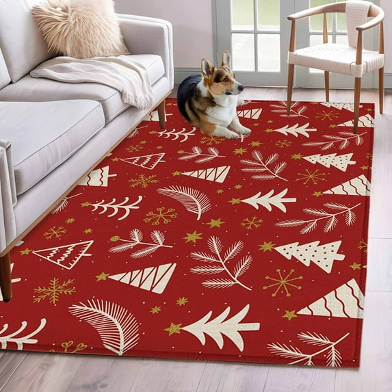 Christmas Tree Area Rug 4x6 Washable Rug Non Slip Winter Xmas Pine Leaf Snowflake Red Large Area Rug Indoor Floor Carpet for Entryway Bedroom Kitchen Living Room Home Office Dining Room Nursery