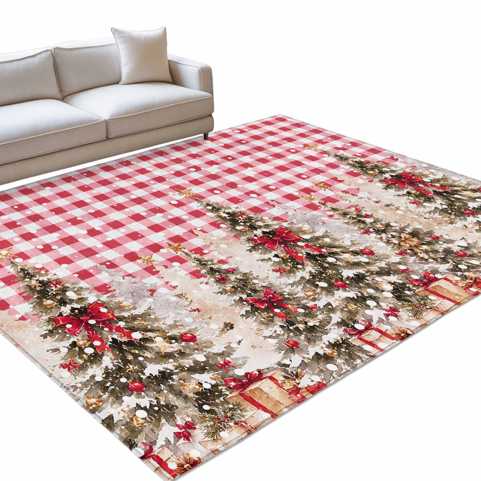 Christmas Tree Area Rug 8'x10', Winter Country Pine Tree Bow Ball Snow ...