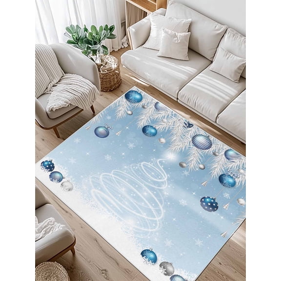 Christmas Tree Area Rug for Bedroom 3x5 Ft Fir Leaf Xmas Balls Winter Snowflake Sky Blue Super Soft fuzzy Throw Rug Non-Slip Fluffy Plush Indoor Floor Carpet for Living Room Nursery Home Decor