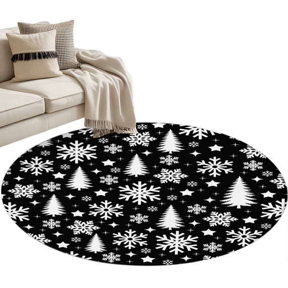 Christmas Tree Area Rug, Winter Snowflakes Stars White Black Washable ...