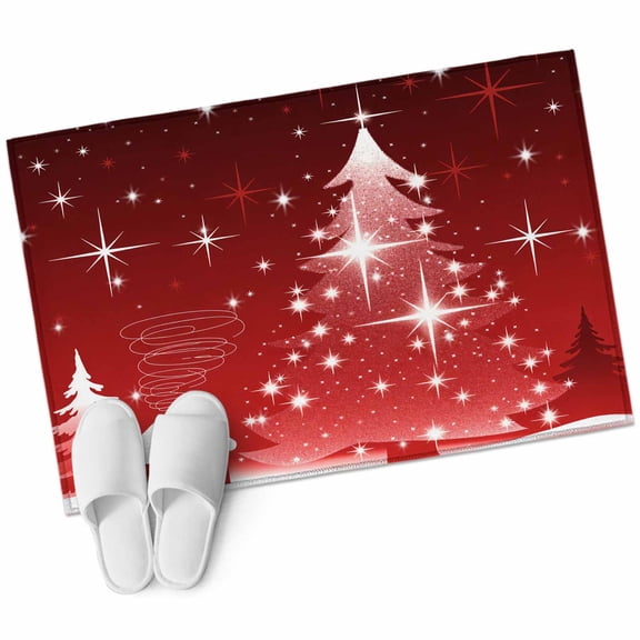 Christmas Tree Area Rug 2x3ft Shining Stars Sky Red House Gradient Non-Slip Washable Square Rugs Soft Felt Indoor Floor Mat for Bedroom Kitchen Living Room Bathroom