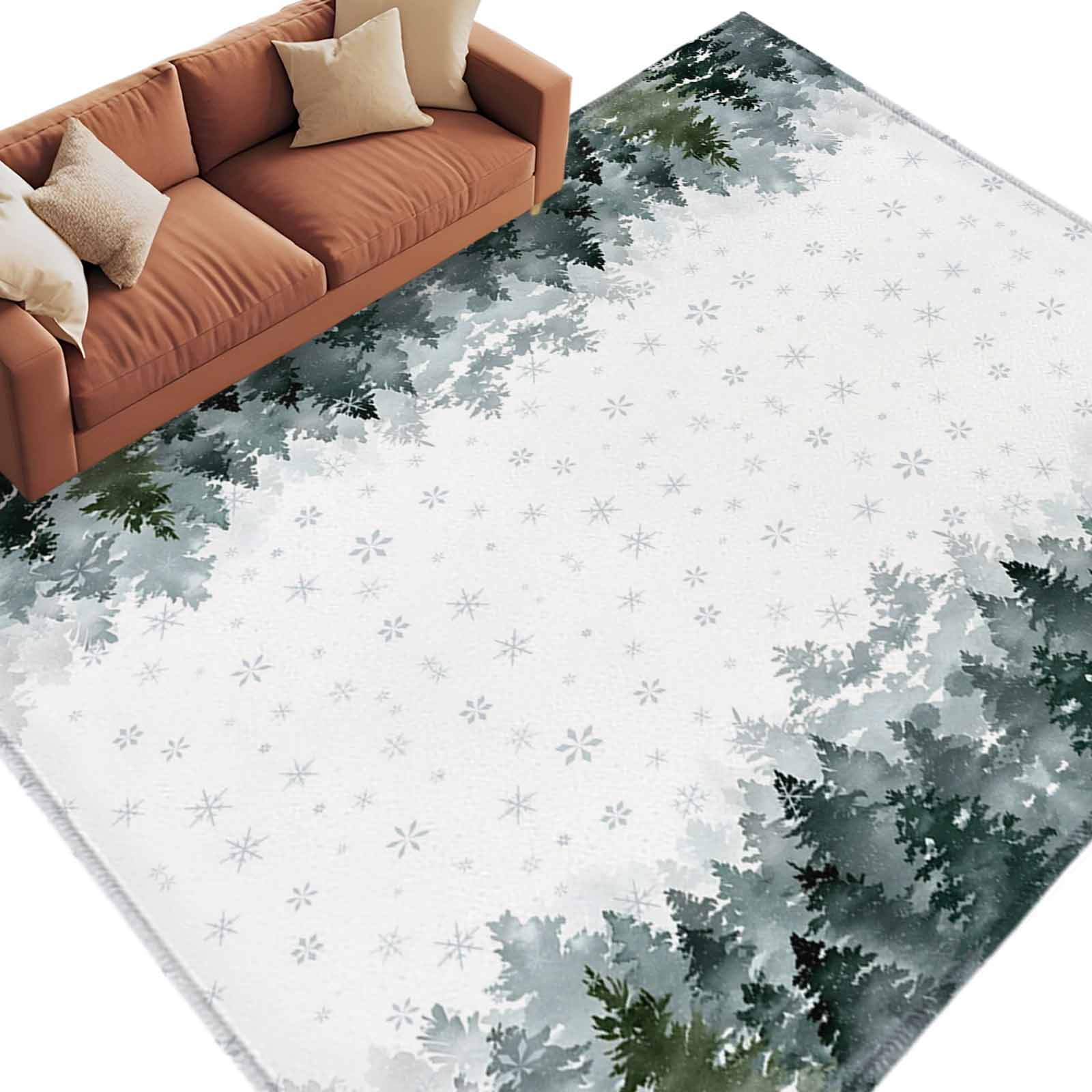 Christmas Tree Area Rug 5x7ft Watercolor Green Tree Winter Snowflake ...