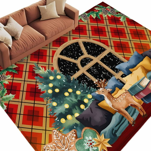 Christmas Tree Area Rug 5x8ft Reindeer Gingerbread Star Pinecone Winter ...