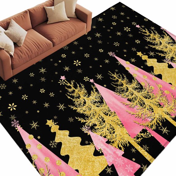 Christmas Tree Area&nbsp;Rug 5x8ft Winter Snowflake Pink Gold Retro Texture Non-Slip&nbsp;Washable Square&nbsp;Rugs Soft Felt Indoor Floor Mat for Bedroom Kitchen Living Room Bathroom