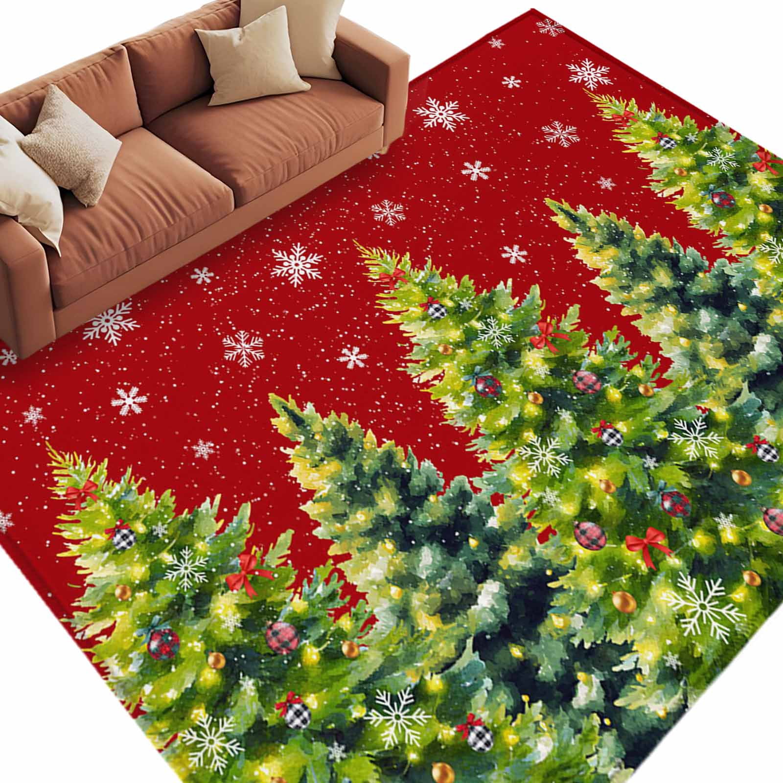 Christmas Tree Area Rug 5x8ft Winter Xmas Snowflake Color Ball Bow Red ...