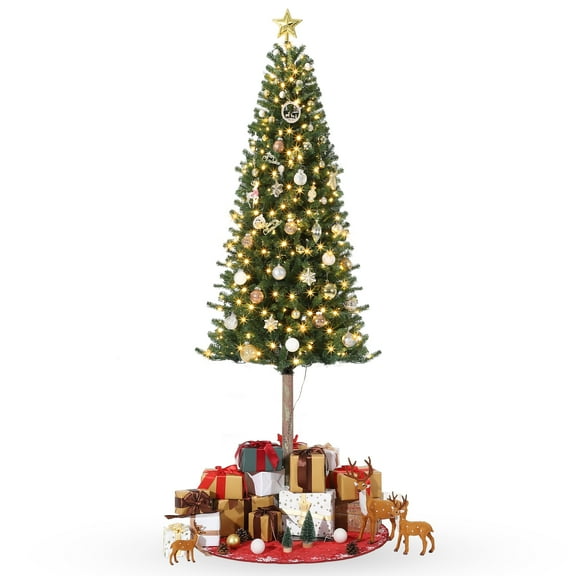 Christmas Tree, Artificial Prelit Slim Pencil Tree with Warm White Lights & Metal Stand, Easy Assemble, Holiday Decoration Fake Tree for Home, Office, Party