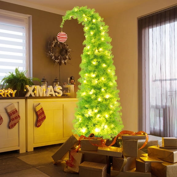 Christmas Tree, Top Bendable Lime Green Xmas Tree with Tree Skirt, Whimsical Artificial Christmas Tree for Christmas Decorations 1.5 M with Lights