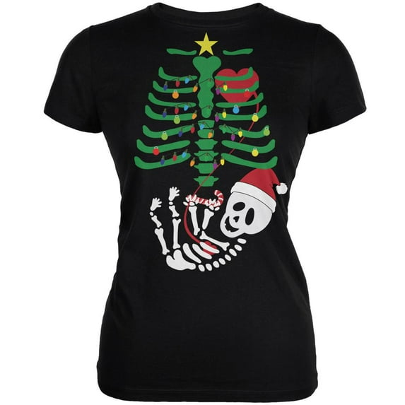 Christmas Tree Baby Skeleton Candy Cane Black Juniors Soft T-Shirt - Large